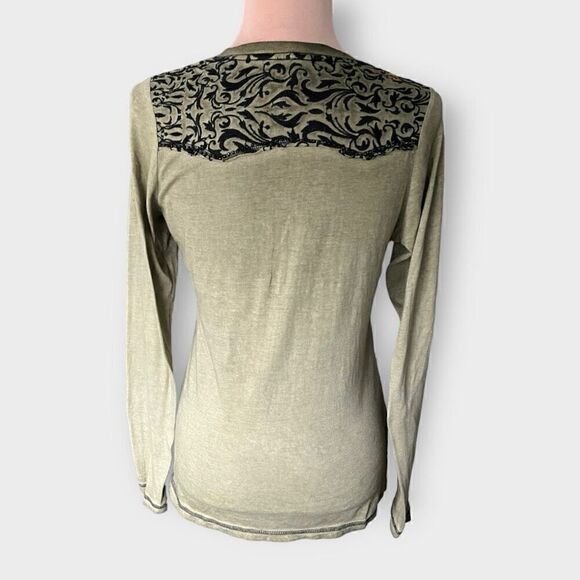 Affliction Women's M Long Sleeve Lace Cross Embellished Tee Acid Wash Green Goth - Picture 5 of 5